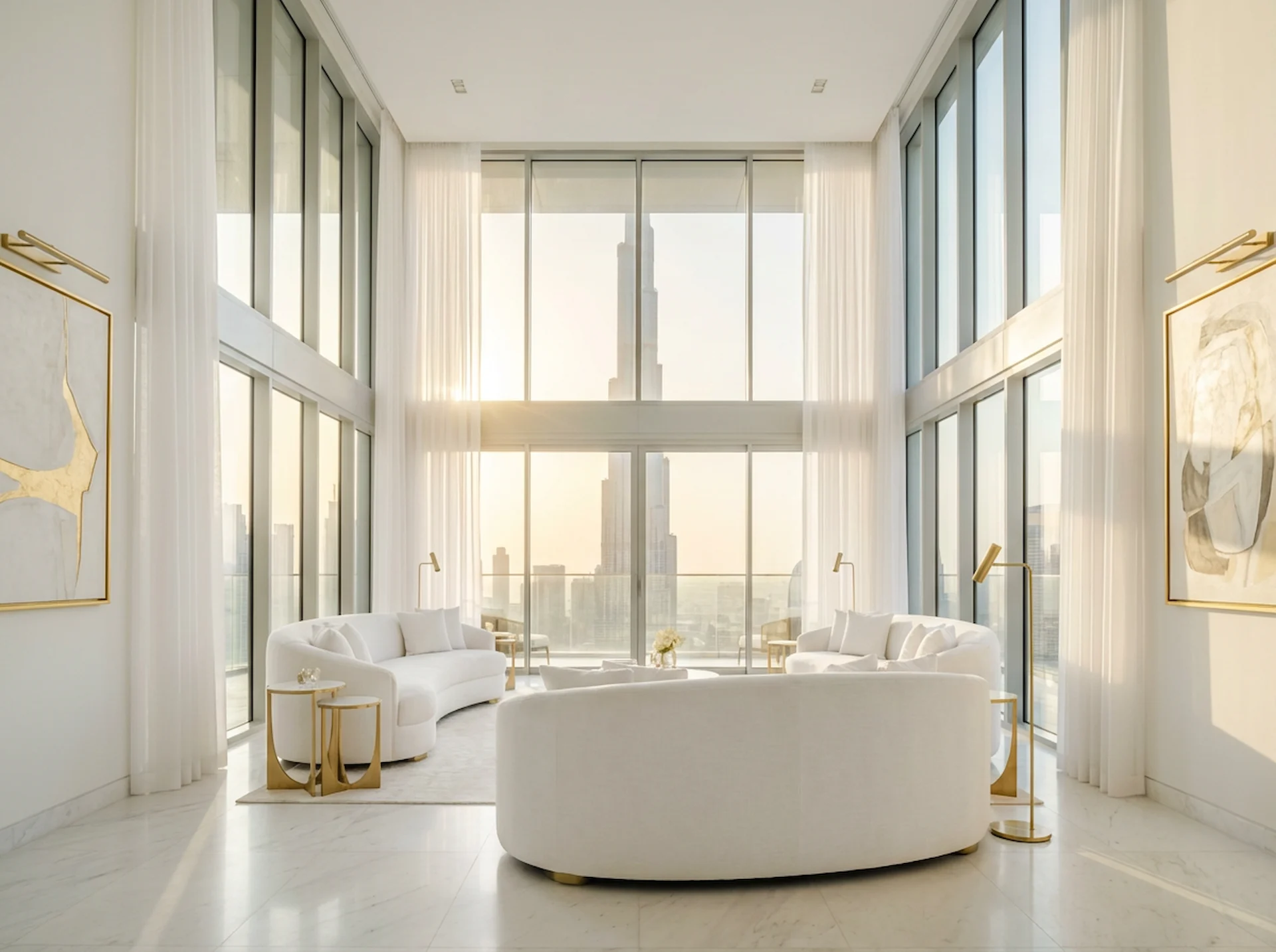 Luxury serviced apartment living room with panoramic Dubai skyline view at YOUR STAY