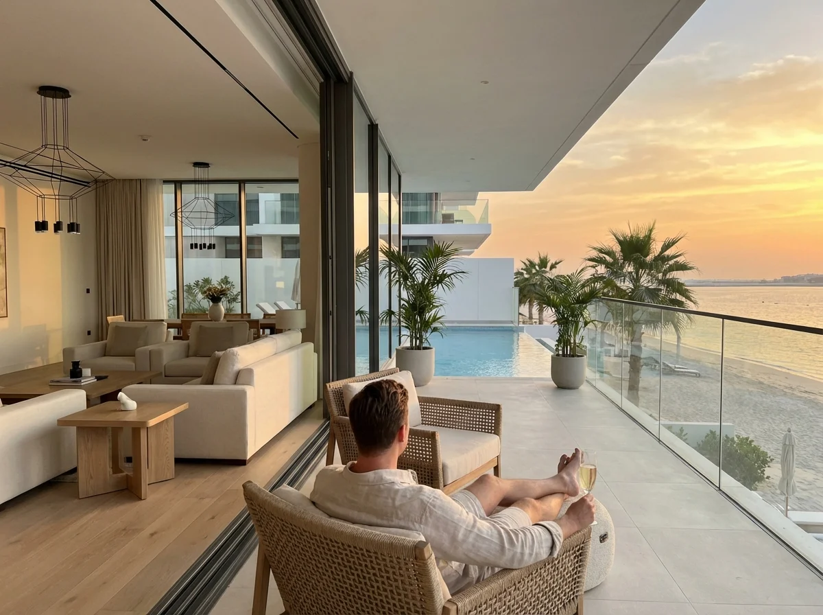 Man relaxing on balcony overlooking Dubai beachfront