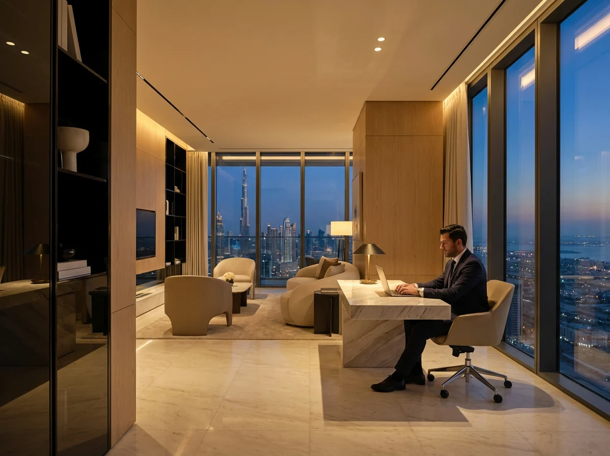 Man working at desk in luxury Dubai apartment